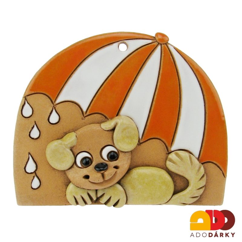 Pes pod oranžovým deštníkem 11 cm