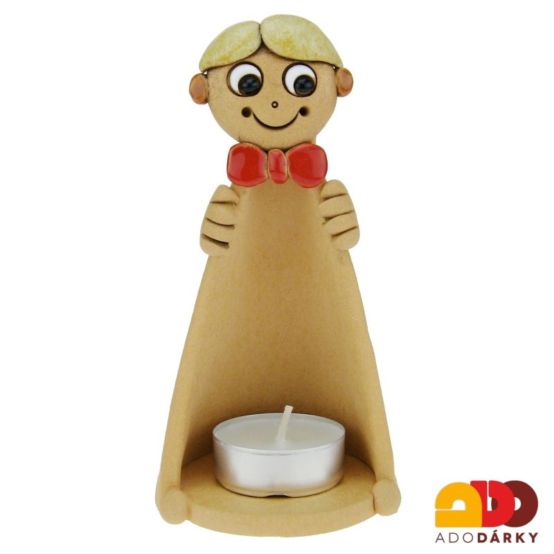 Svícen kluk s červeným motýlkem a blond vlasy 15 cm