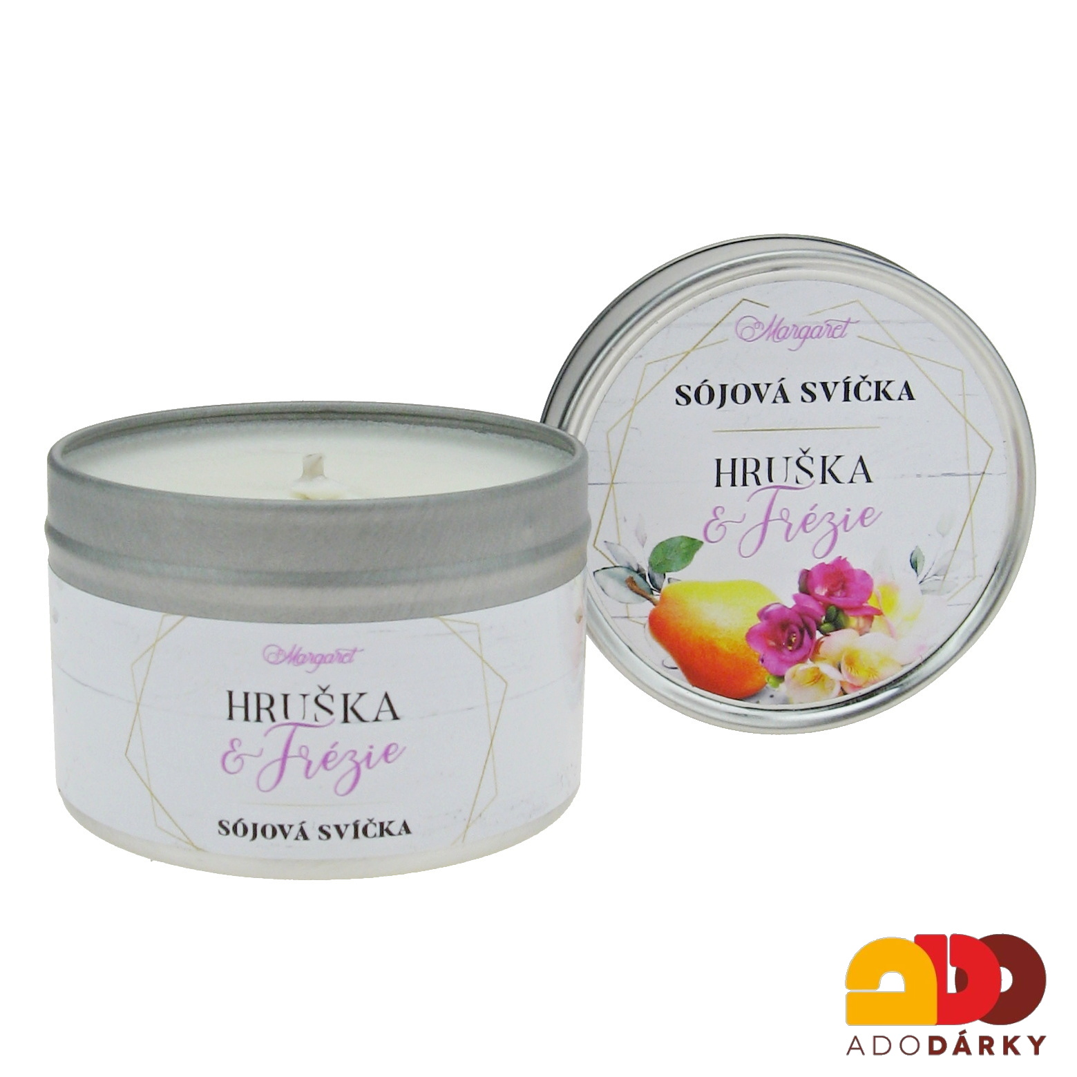 Sójová svíčka v plechové krabičce Hruška a frézie