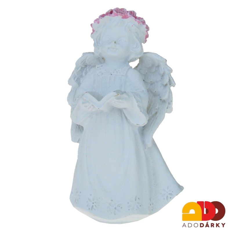 Anděl bílý s růžovou čelenkou s knihou 11 cm