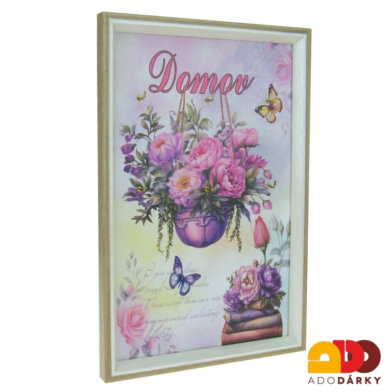 Obraz s věšáčky na klíče s pivoňkami a nápisem "Domov" 29,5 x 19,5 cm
