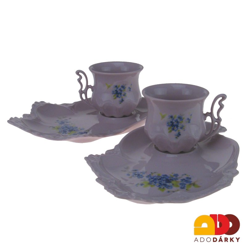 Snídaňová sada 2 hrnků s podšálkem růžový porcelán pomněnky 120 ml