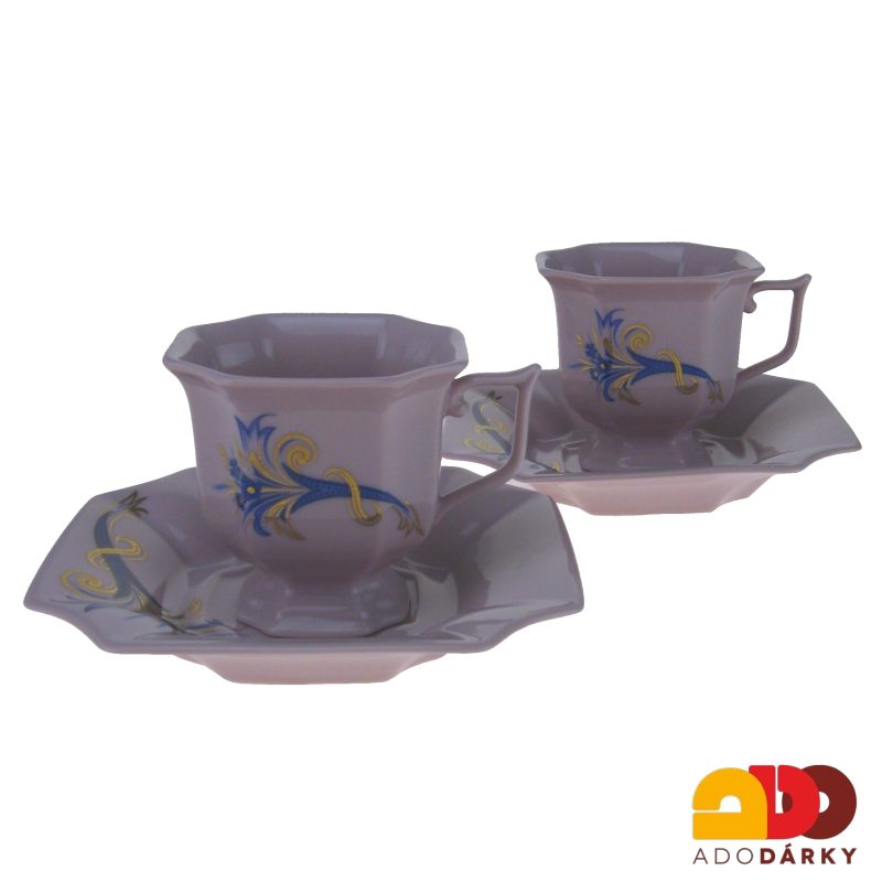 Sada kávových šálků s podšálky růžový porcelán modrý roh hojnosti 120 ml
