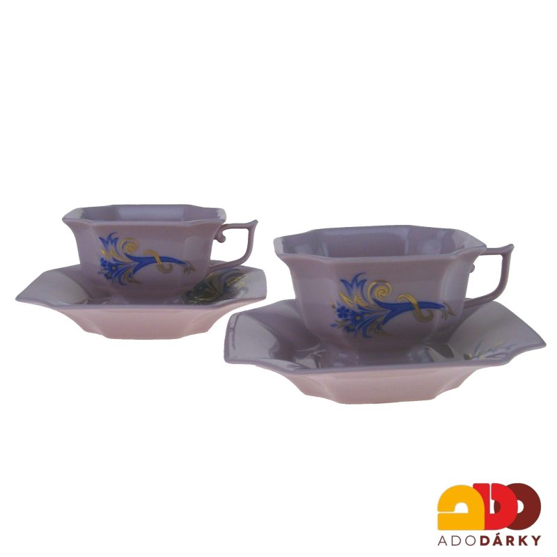 Sada čajových šálků s podšálky růžový porcelán modrý roh hojnosti 150 ml