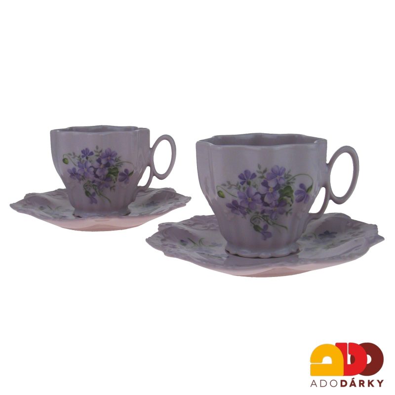 Sada šálků s podšálky růžový porcelán fialky 200 ml