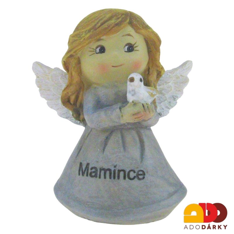 Anděl s holoubkem šedý "MAMINCE" 8 cm