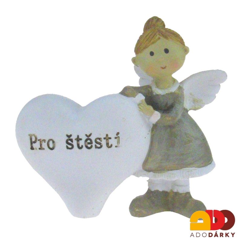 Anděl holčička s velkým srdcem "Pro štěstí" pravá var. 7,5 cm