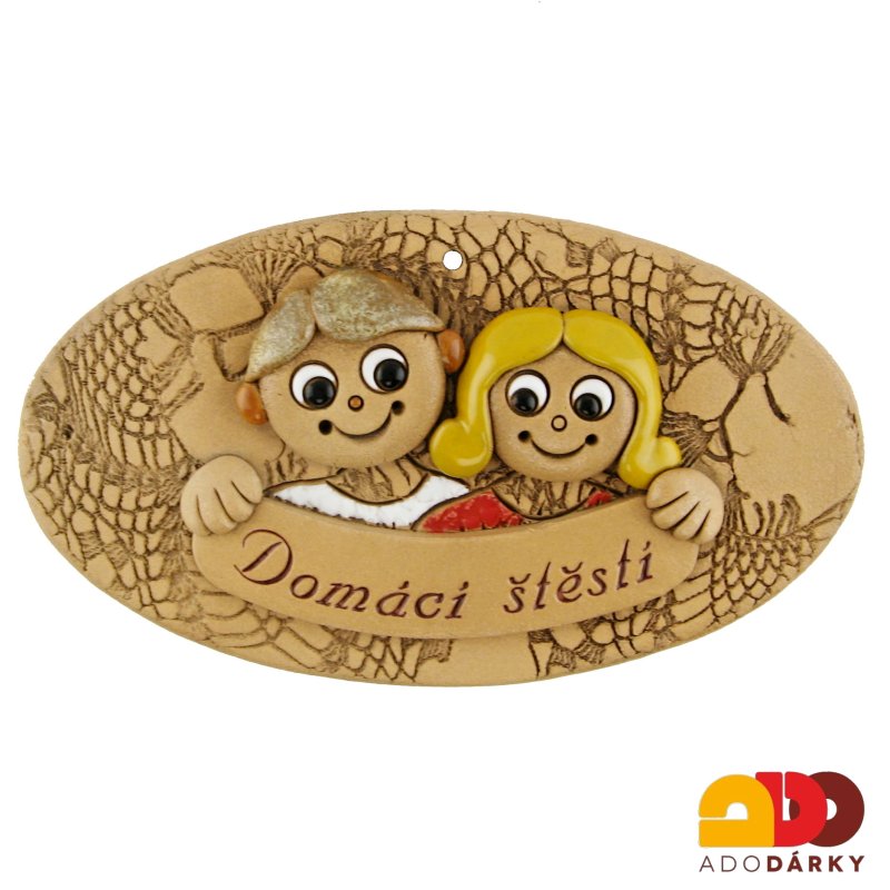 Ovál s klukem a holkou "Domácí štěstí" 20 cm