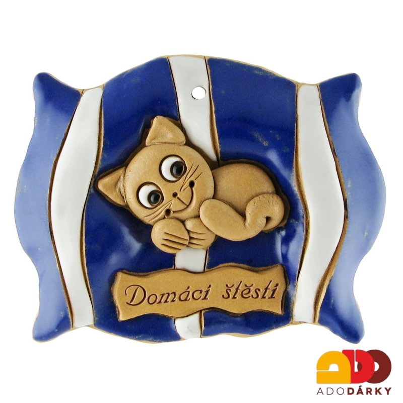 Kočka na modrém polštáři "Domácí štěstí"