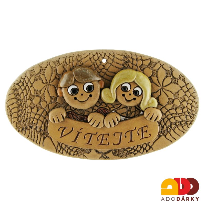 Ovál s klukem a holkou "Vítejte" 20 cm