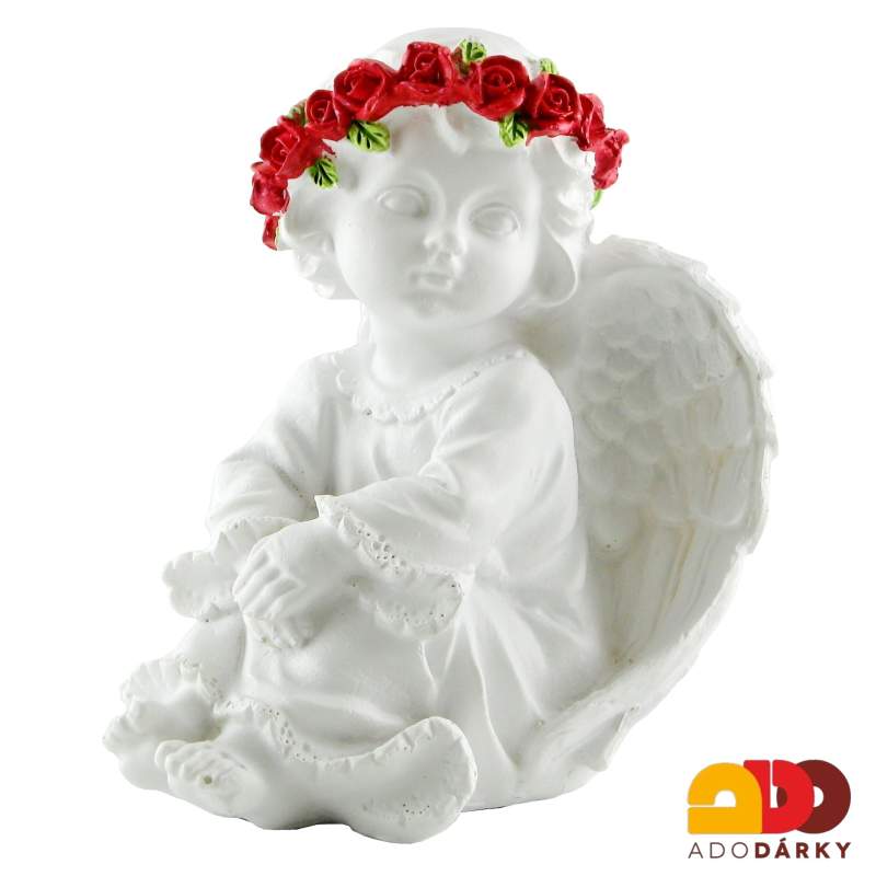 Anděl sedící s červenou čelenkou 12,5 cm