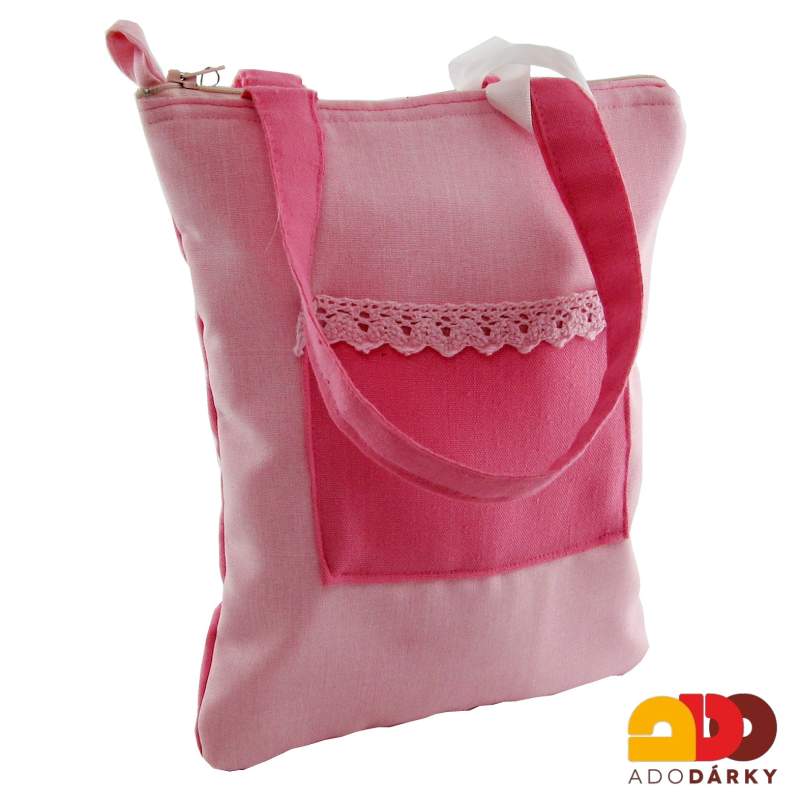 Plátěná taška růžová s krajkou 19 cm
