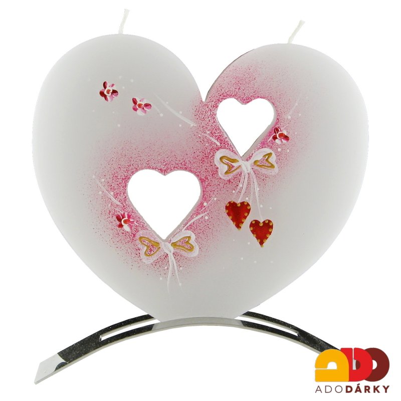 Svíčka 2 knoty svatební, srdce + kovový stojánek