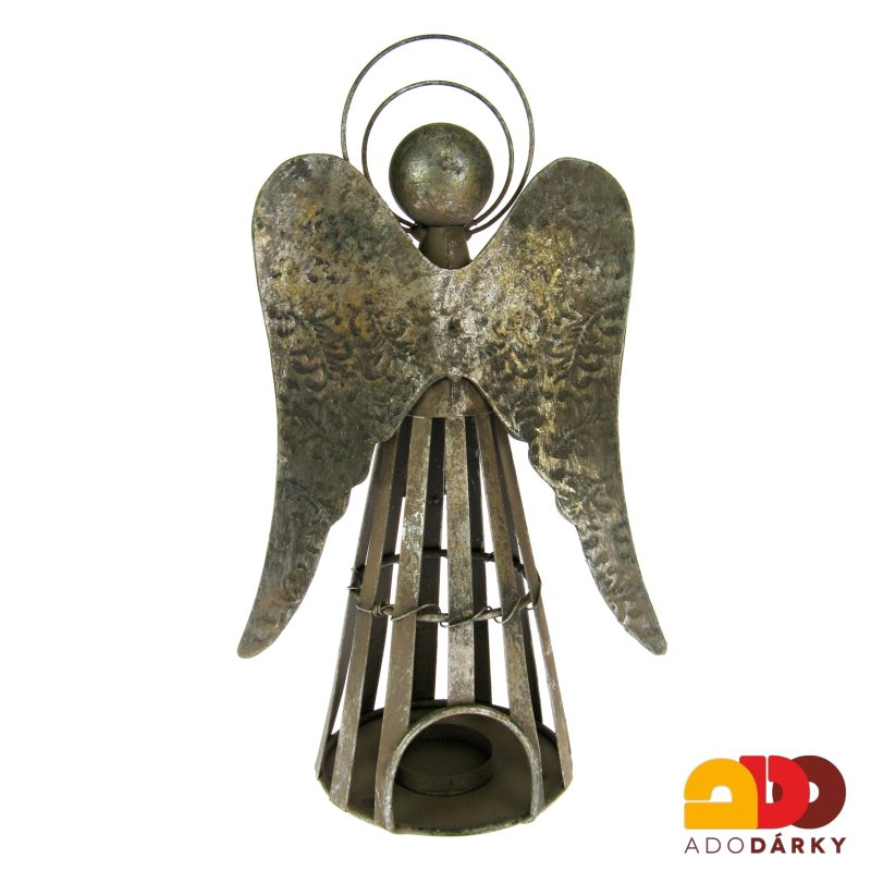 Plechový svícen anděl patina s trubkou 35 cm