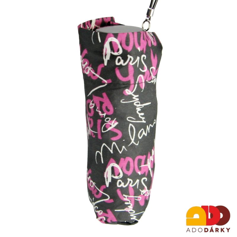 MINI skládací dámský deštník růžovo-černý s nápisy