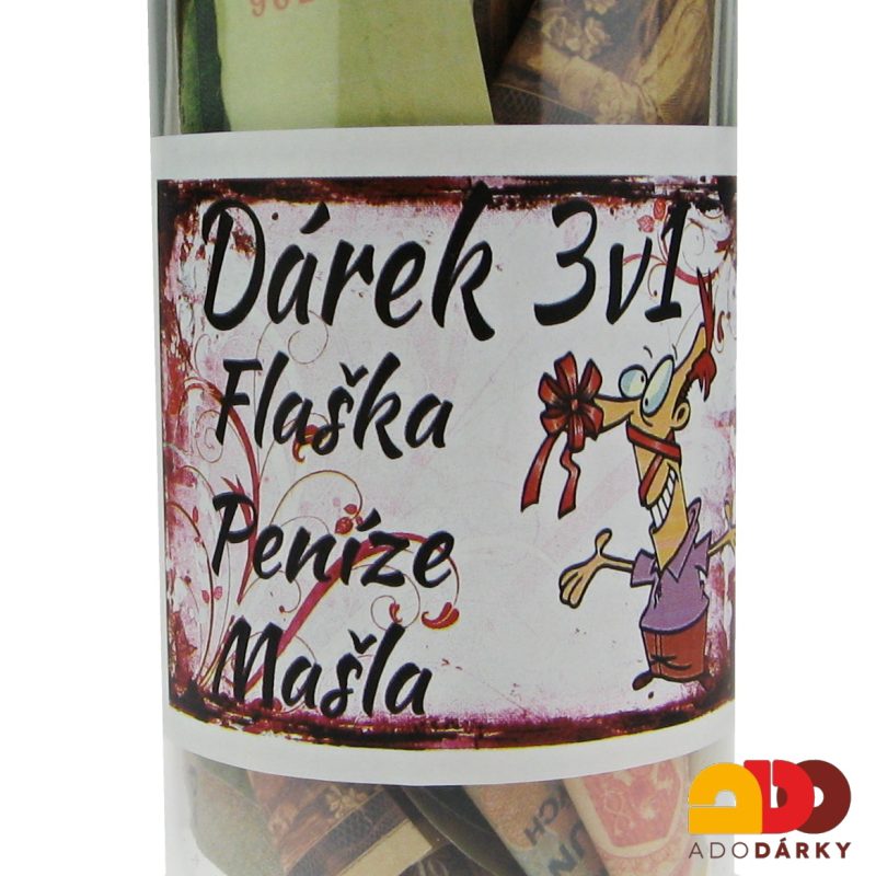 Láhev plná peněz "Dárek 3v1 Flaša, peníze, mašla"