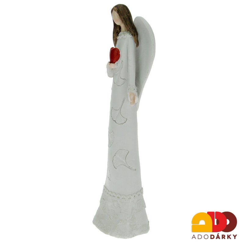 Anděl v šatech s lístky se srdcem v ruce 25 cm