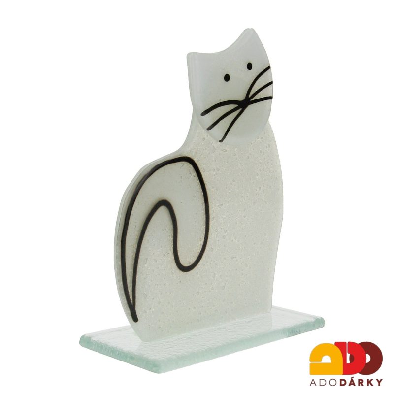 Skleněná kočka sedící bílá 10 cm