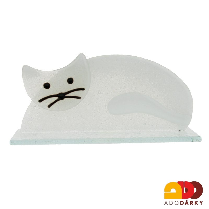 Skleněná kočka ležící bílá 17 cm
