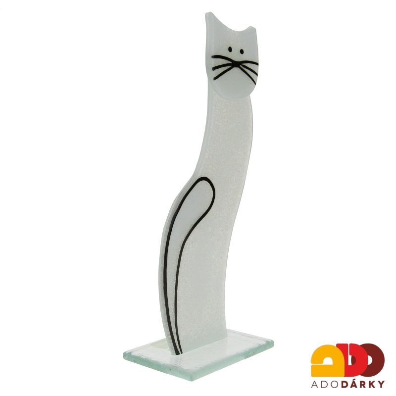 Skleněná kočka stojící bílá 19 cm