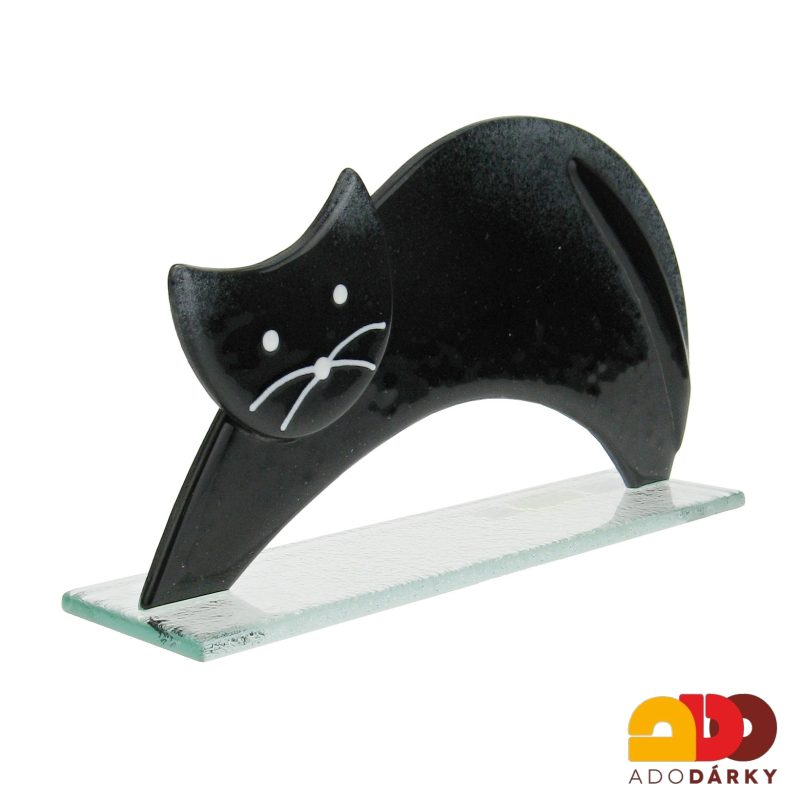 Skleněná kočka protahující se černá 20,5 cm
