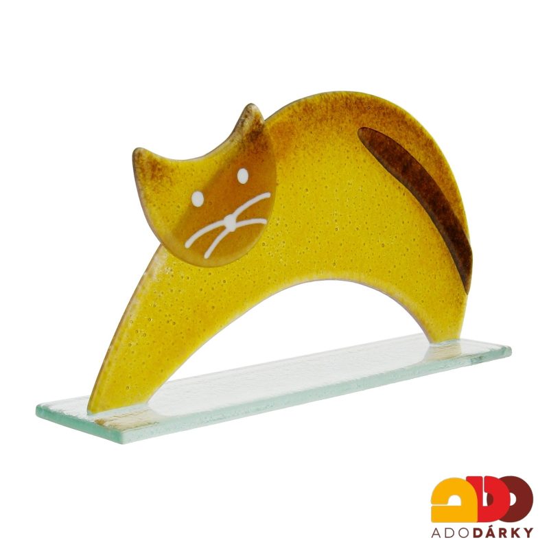 Skleněná kočka protahující se rezavá 20,5 cm