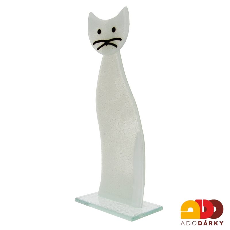 Skleněná kočka stojící bílá 21 cm