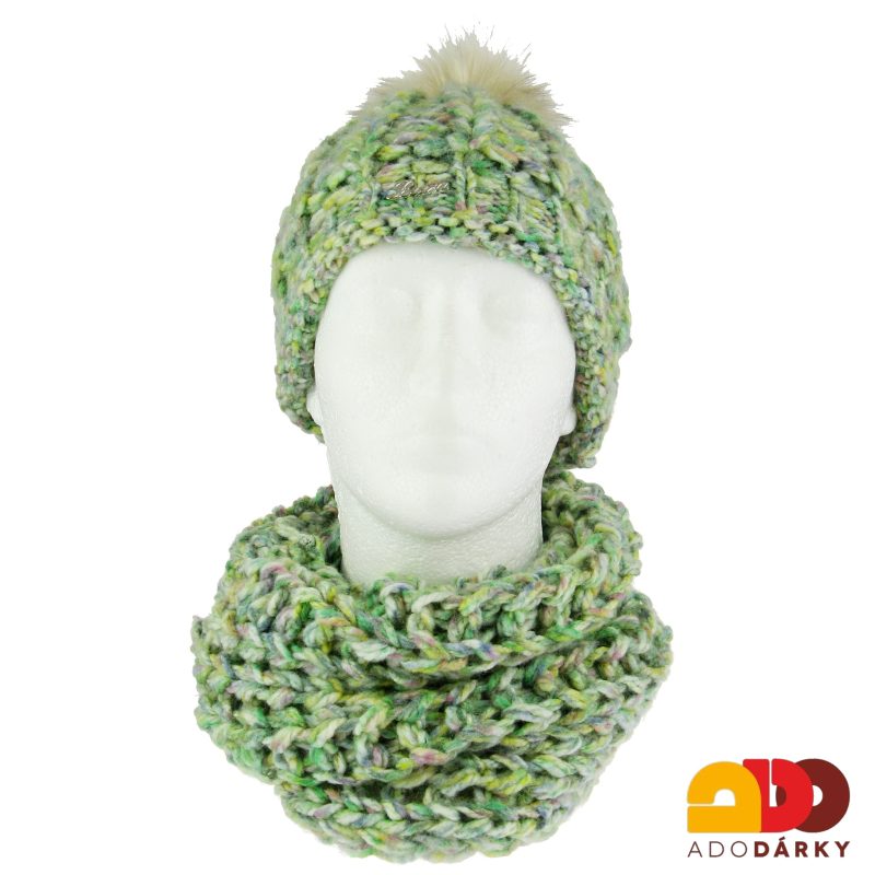 Souprava pleteného zeleného tunelu a čepice s bambulí