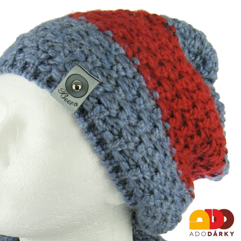 Souprava modréhočerveného pleteného tunelu a čepice