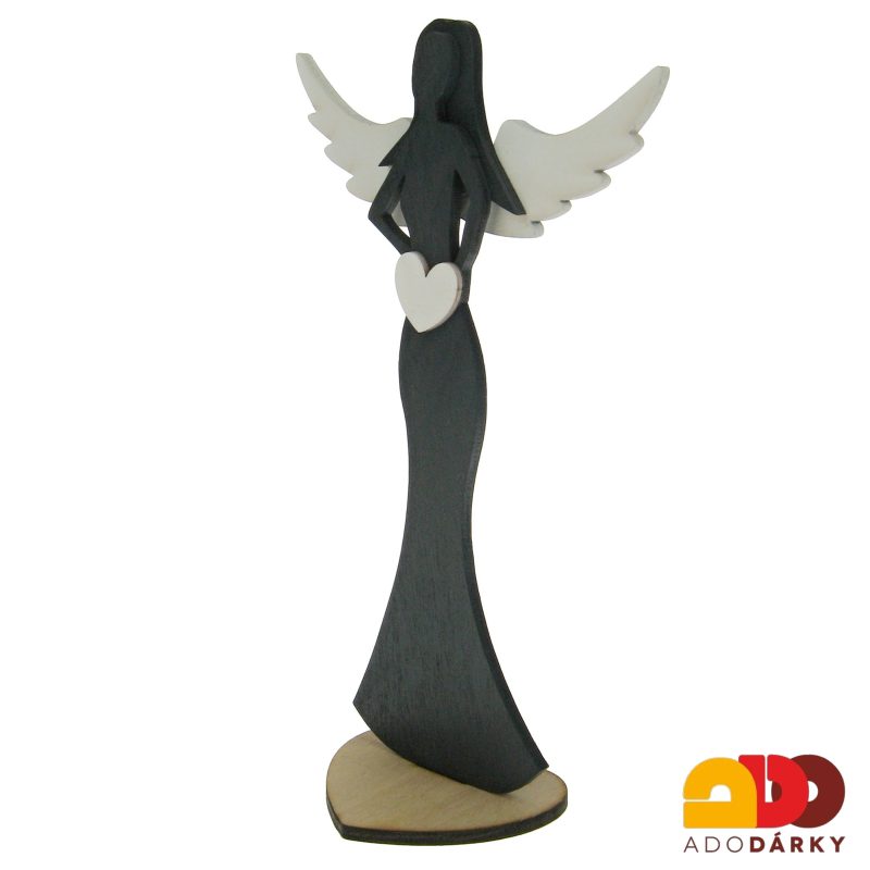 Anděl ze dřeva černý se srdcem 24,5 cm