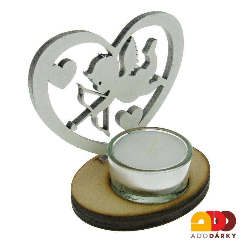 Dřevěný svícen s Amorem bílé srdce 10 cm