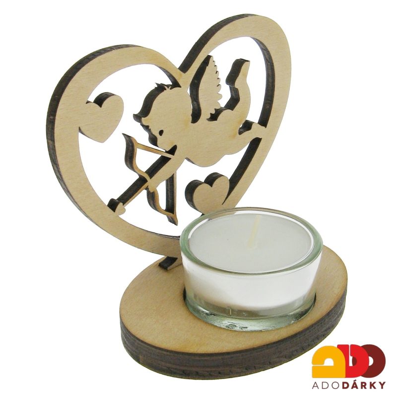 Dřevěný svícen s Amorem srdce 10 cm