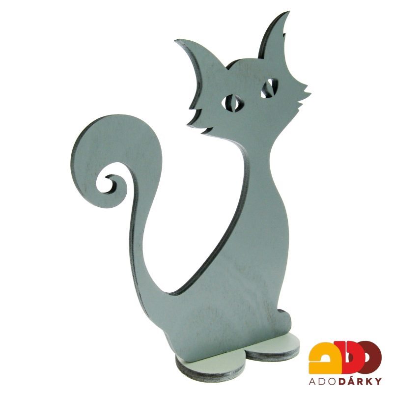 Dřevěná kočka se srdíčkem, šedá 36 cm