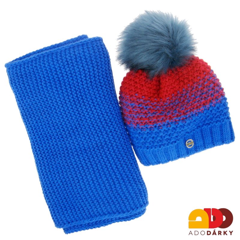 Souprava pleteného tunelu a čepice s bambulí modročervená