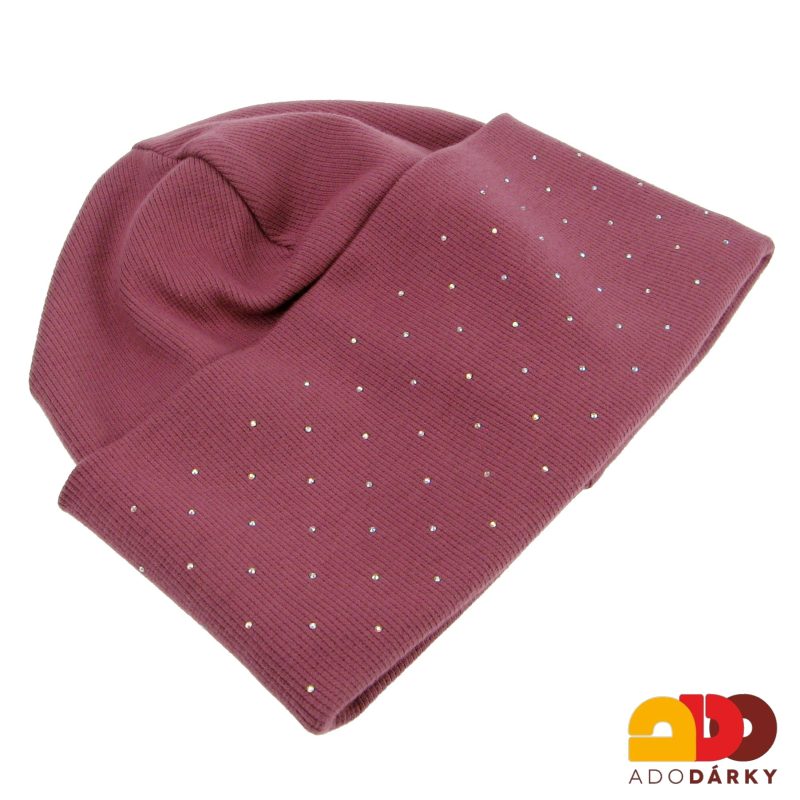 Dámská zimní čepice starorůžová s perličkama