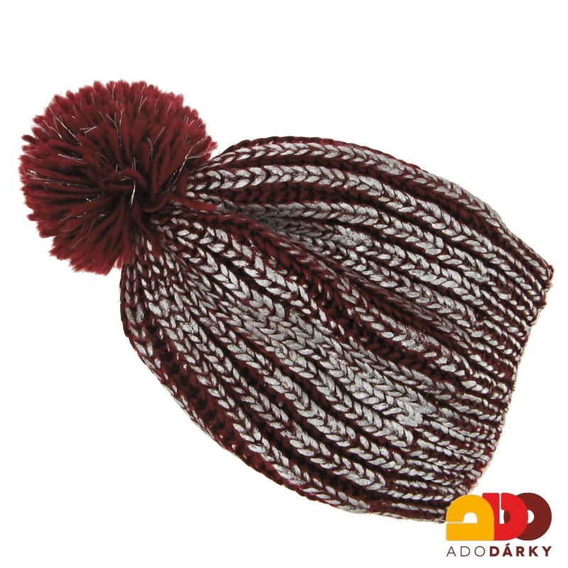 Cečvená pletená čepice se stříbrnými proužky a bambulí