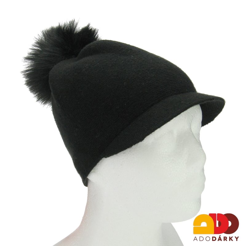 Pletená čepice s kšiltem a bambulí černozlatá