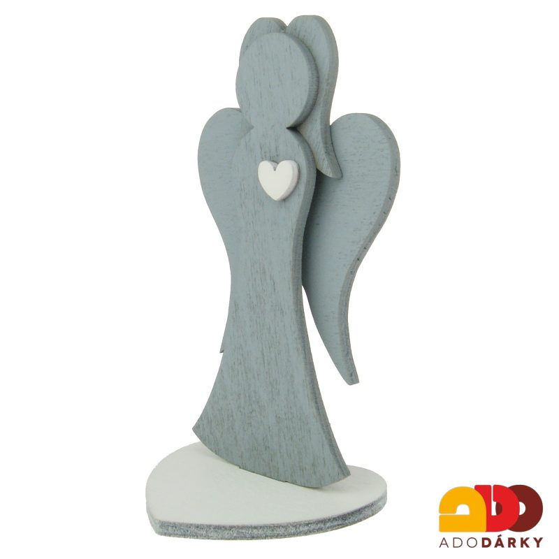 Anděl ze dřeva se srdíčkem šedý 15,5 cm