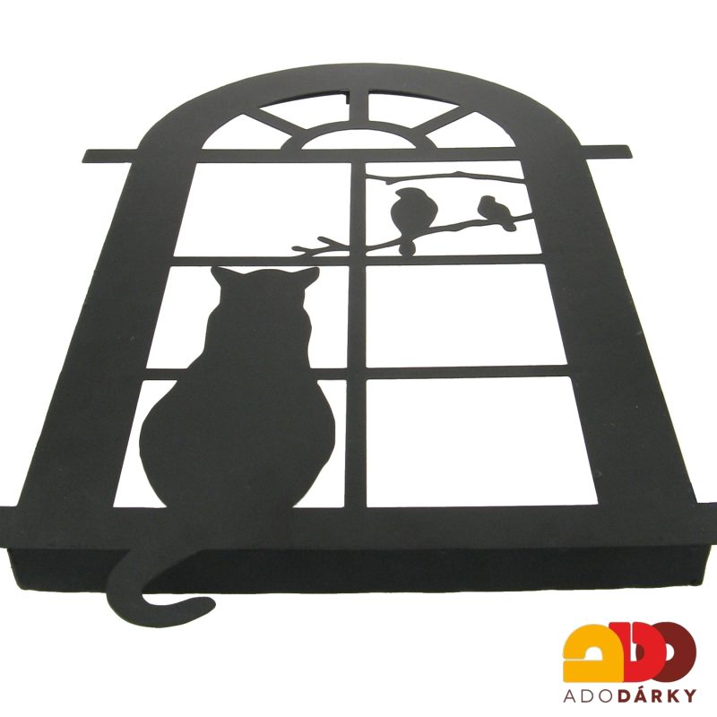 Plechová nástěnná dekorace okno s kočkou 66 cm