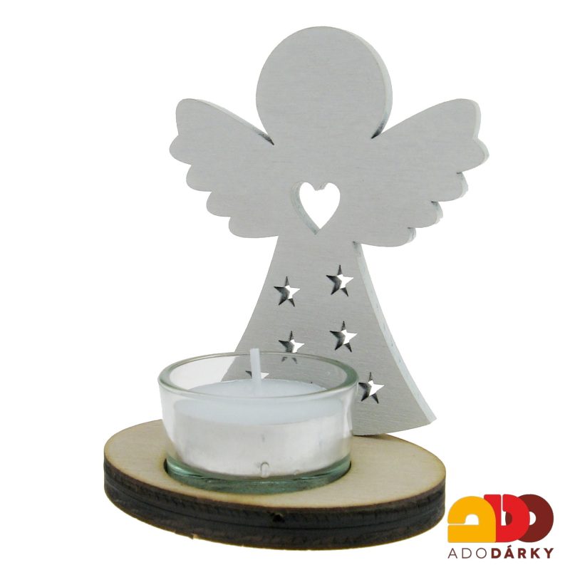 Dřevěný svícen andílek bílý s hvězdičkama 10,5 cm