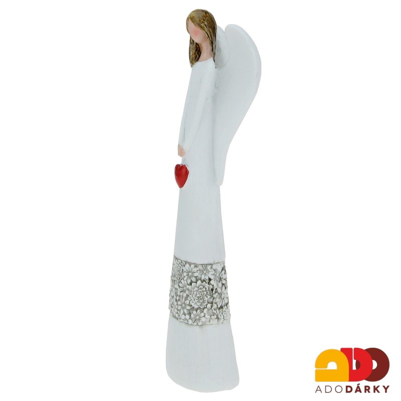 Anděl bílý s květinovým pruhem s visícím srdcem 19 cm