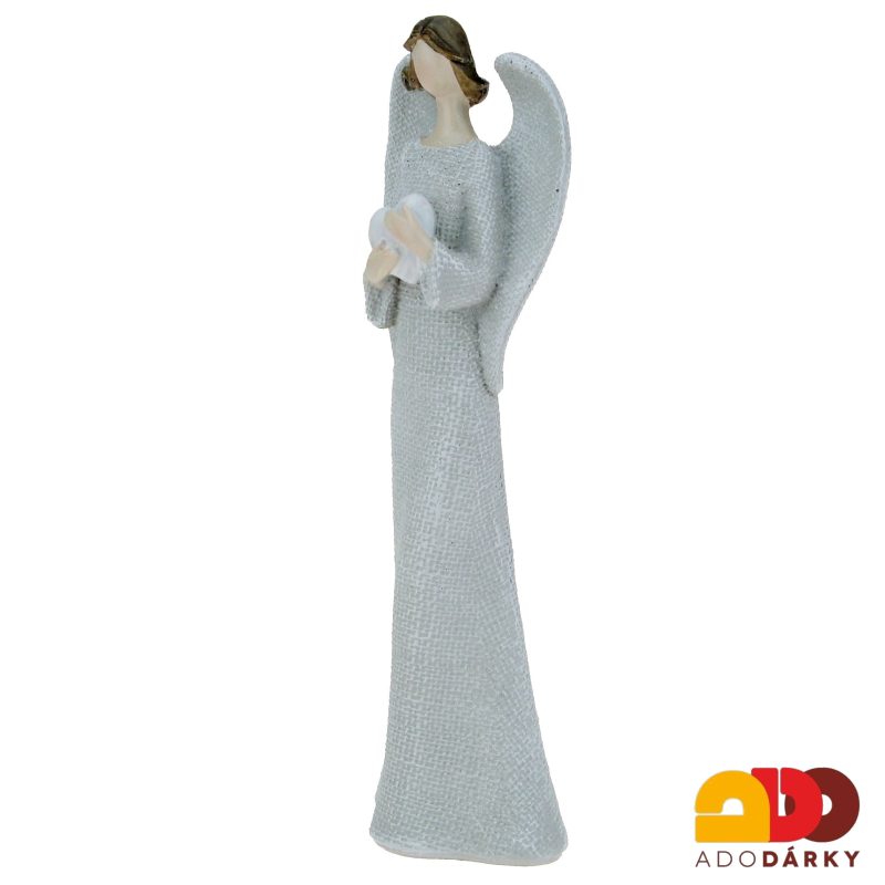 Anděl šedý s třpytkami a srdcem 25 cm