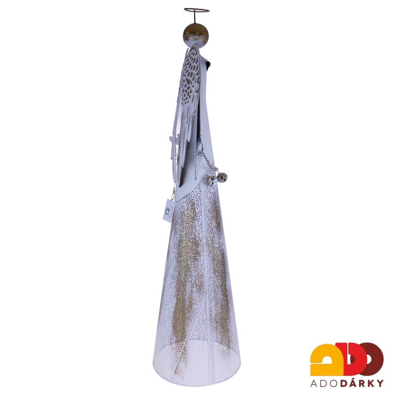 Plechový anděl s rolničkami bílozlatý bez podstavy 102 cm