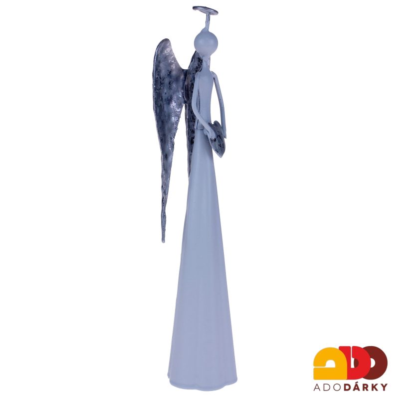 Bílý plechový anděl se srdcem 18 cm