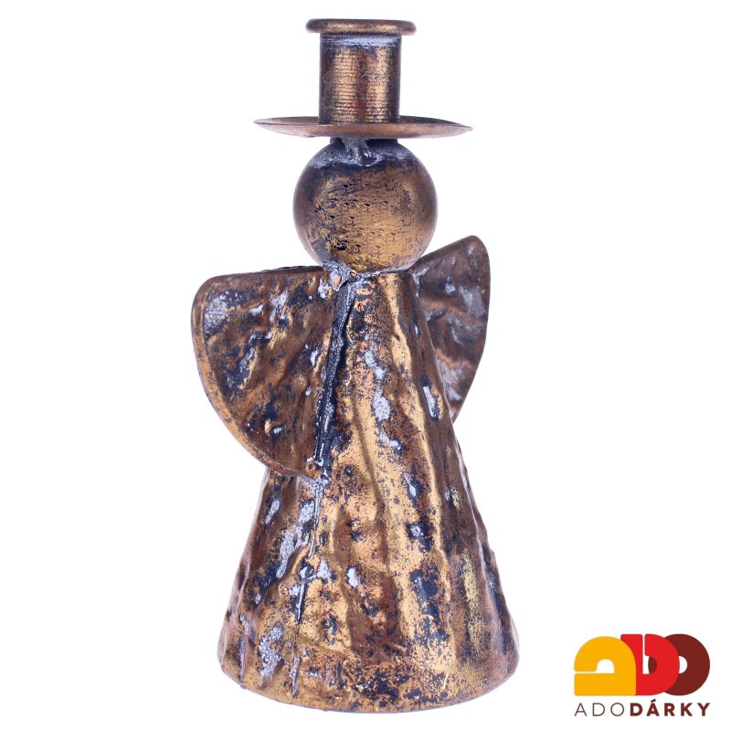 Plechový anděl svícen měděný 19 cm