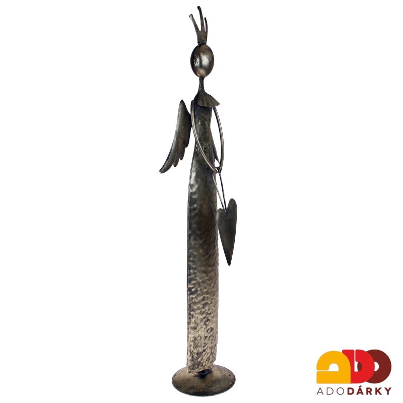 Plechový anděl s korunkou a srdcem 59 cm