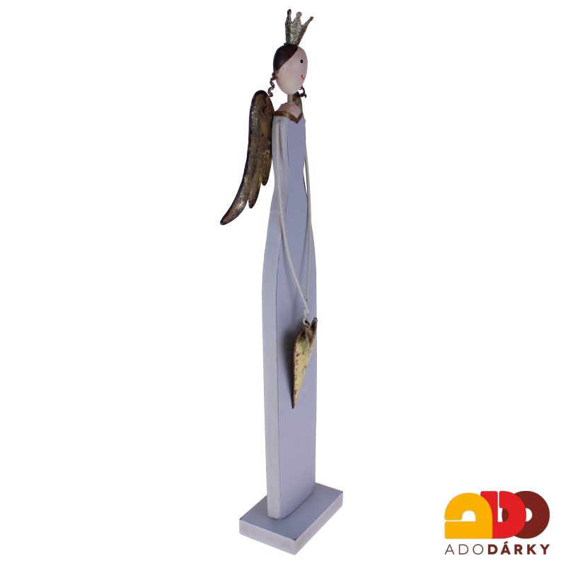 Anděl dřevěný s korunkou a srdcem 43 cm
