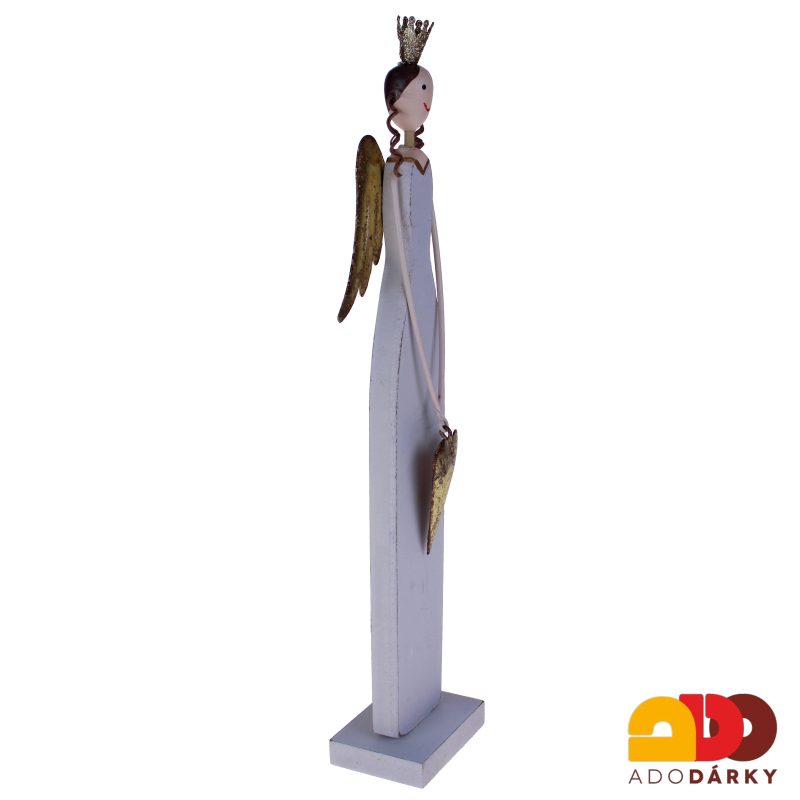Anděl dřevěný s korunkou a srdcem 32 cm