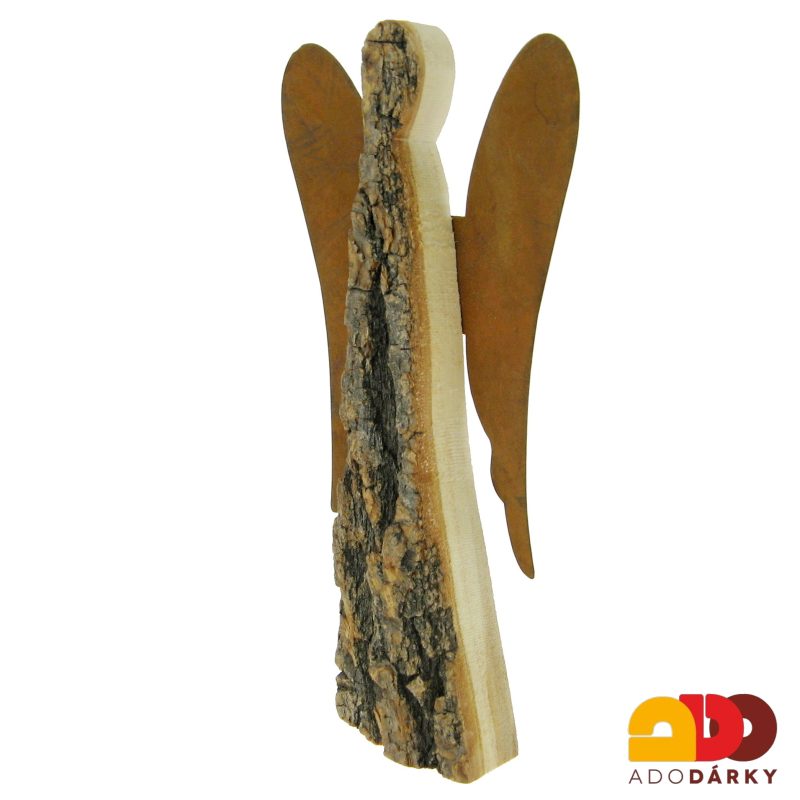 Anděl dřevěný s kůrou, rezavá křídla 21 cm