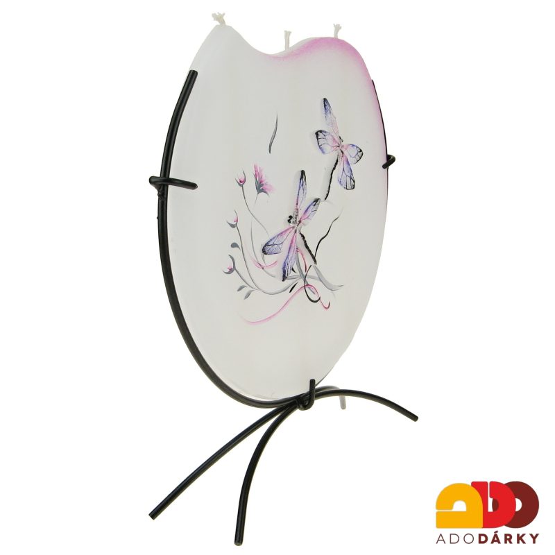 Svíčka 3 knoty vážka růžovo fialová + kovový stojánek